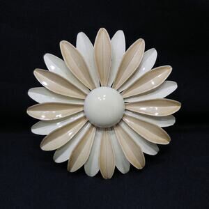 1960s Beige Enamel Flower Brooch White Metal Large Daisy Retro Mod Vintage